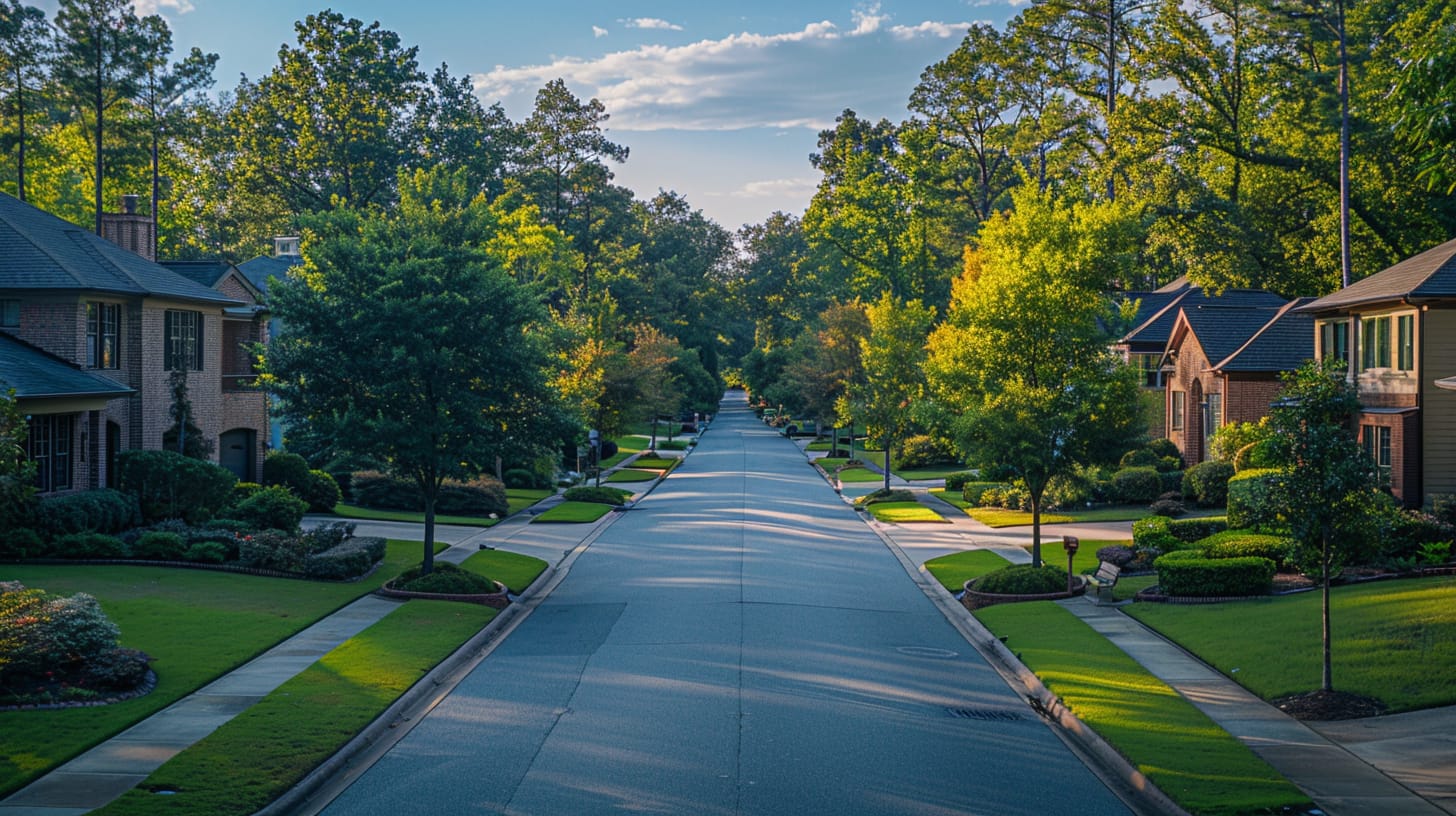 Quiet residential street lined with mature trees growing close to homes and lawns
