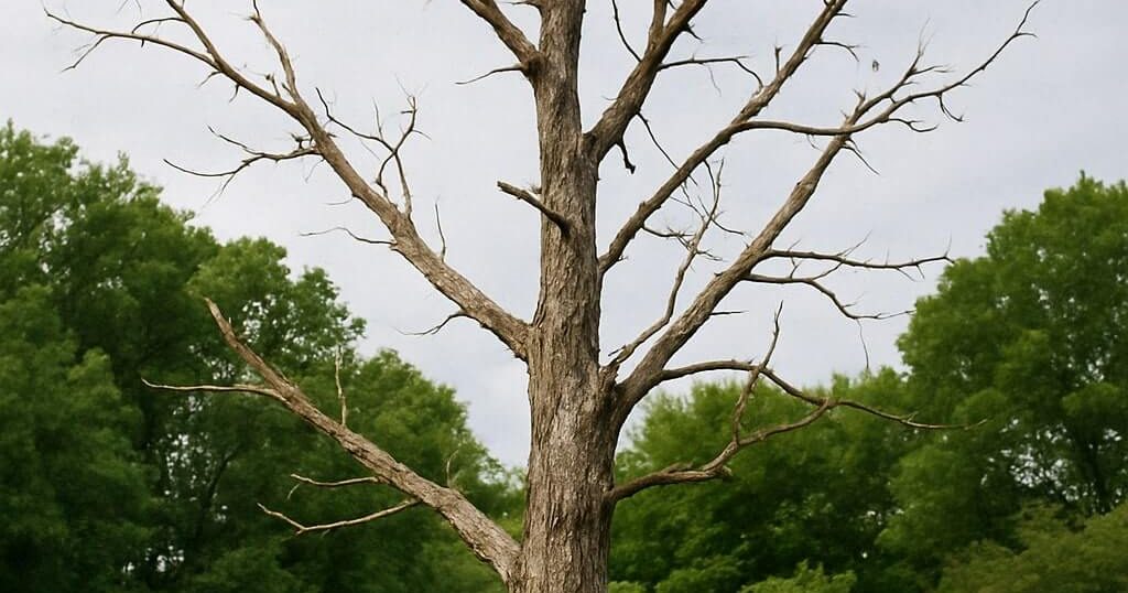 A dying tree with sparse leaves and cracked bark, showing signs of decay and stress.